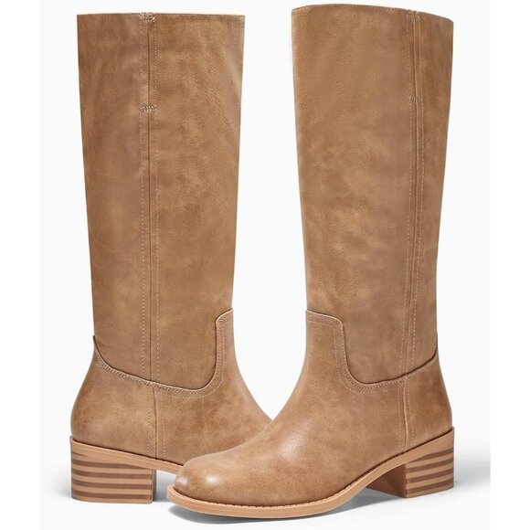 Women's Knee High Boots Square Toe Chunky Block Heel Comfortable Low Heel Shoes - Picture 5 of 5